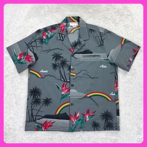 Casual Wear Hawaiian Shirt Men Small Gray Polyester Rainbow Tropical Made Hawaii
